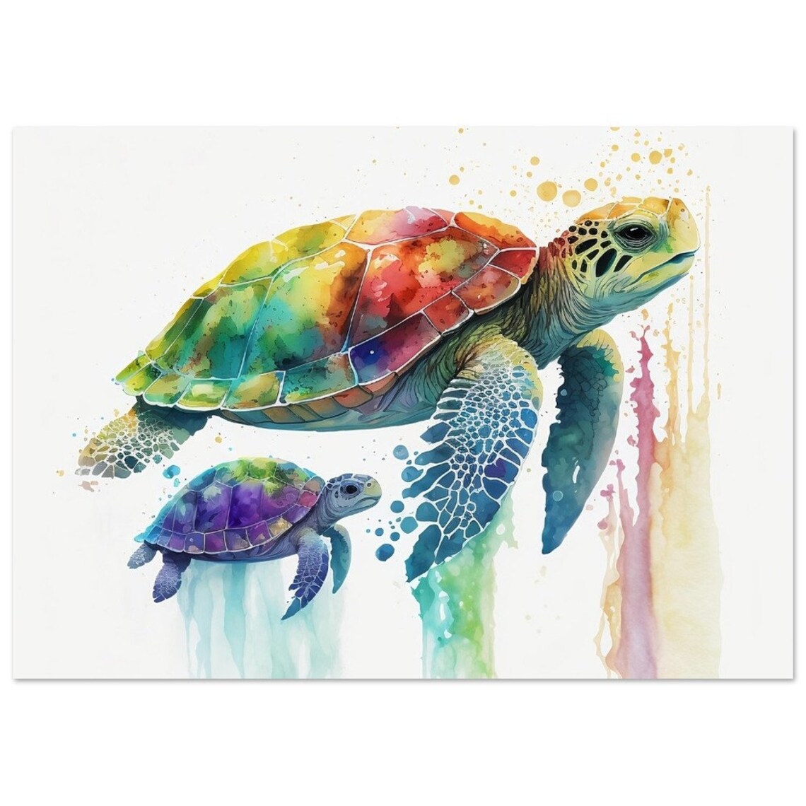 Sea Turtle And Baby Swimming Watercolour Ocean Reptile Poster - Image 4