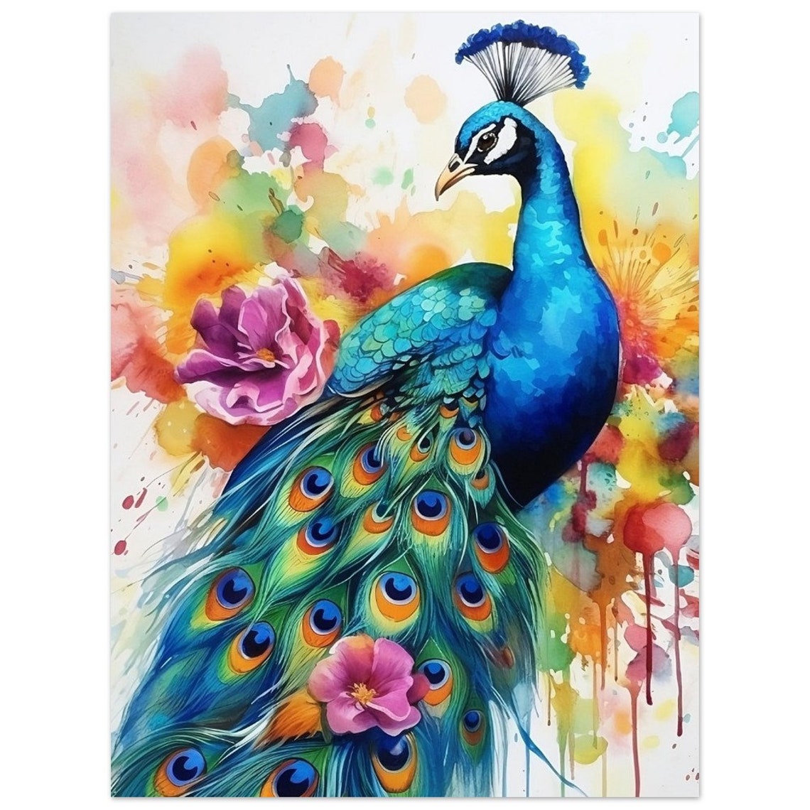 Colourful Peacock Tail Feathers Watercolour Bird Portrait Poster - Image 4