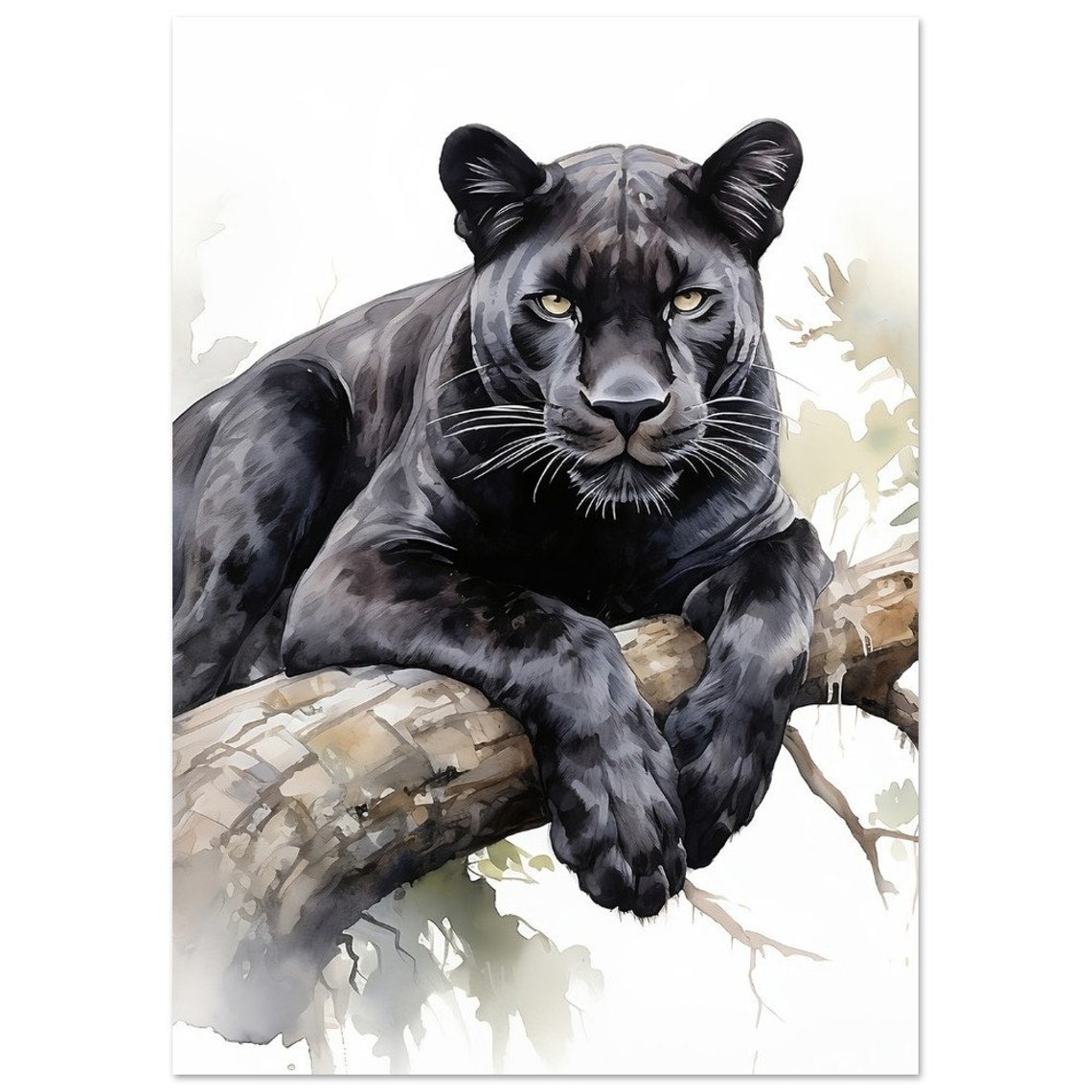 Black Panther Resting On Tree Branch Watercolour Big Cat Poster - Image 2