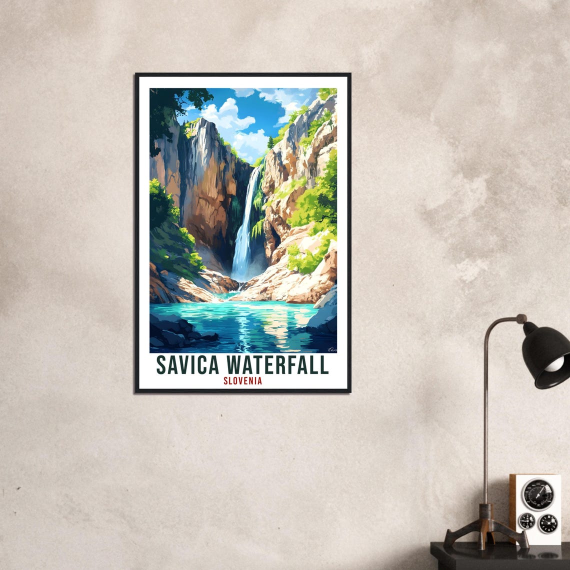 Savica Waterfall Slovenia Vintage Travel Illustration Poster - Image 3