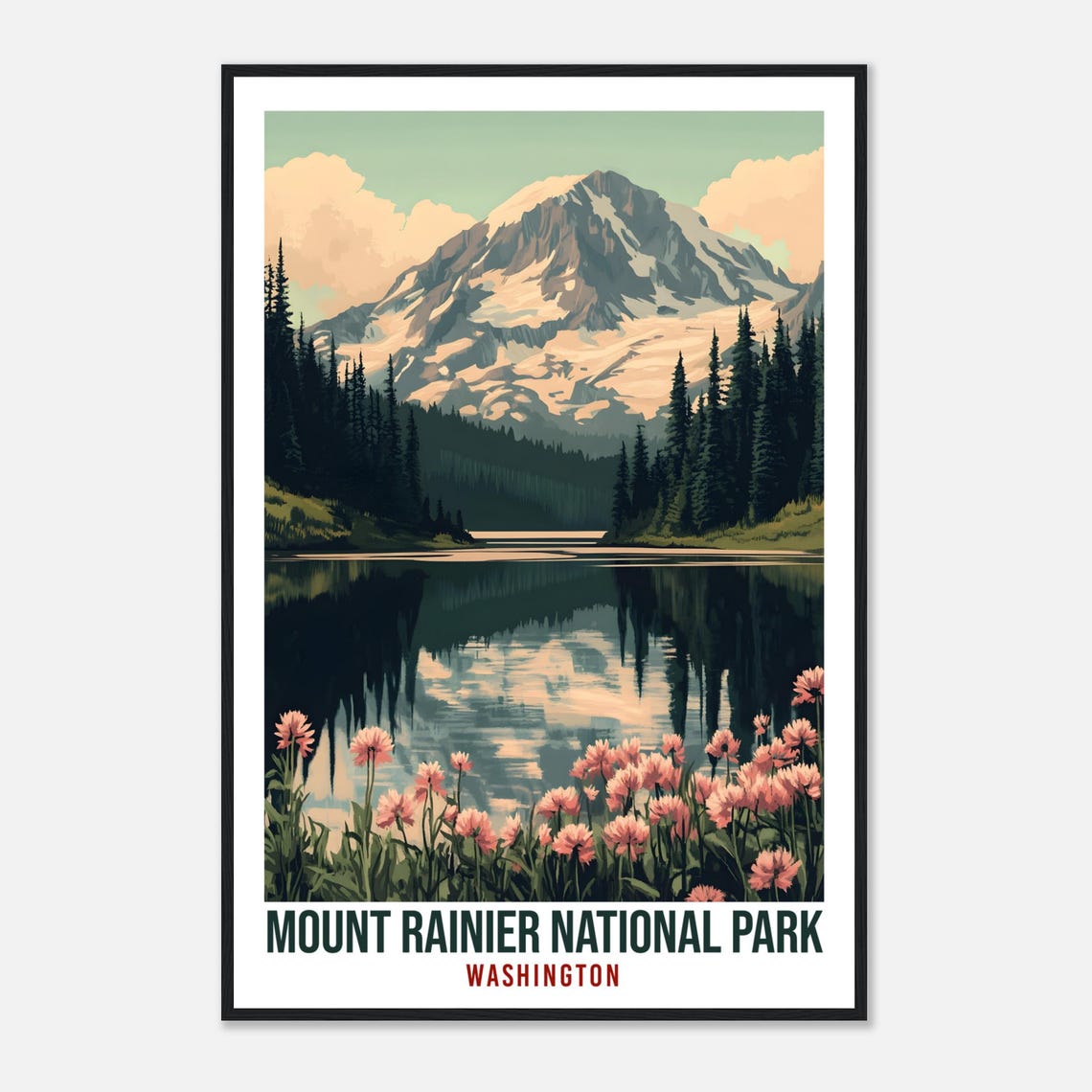 Mount Rainier National Park Washington Lake Sunset Travel Poster - Image 4