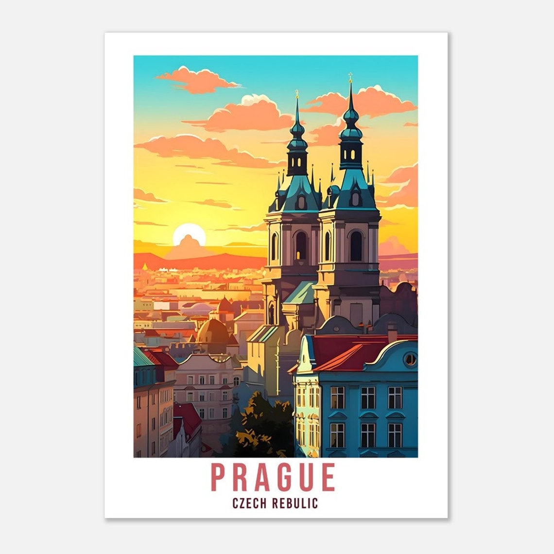 Prague Czech Sunset Old Town Twin Church Spires Vintage Poster - Image 2