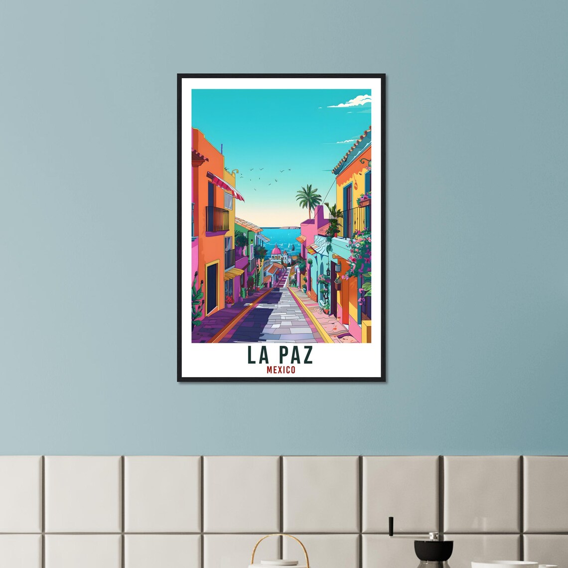 La Paz Mexico Baja Street Colorful Buildings Sea View Palm Balcony Poster - Image 2