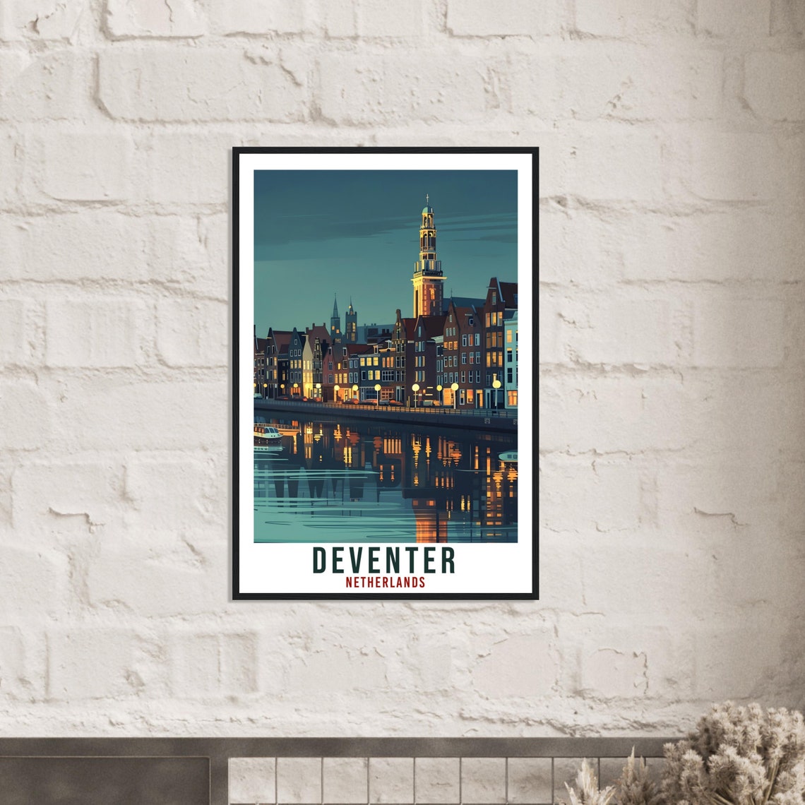 Deventer Netherlands Night River Vintage Travel Poster Church Tower - Image 3