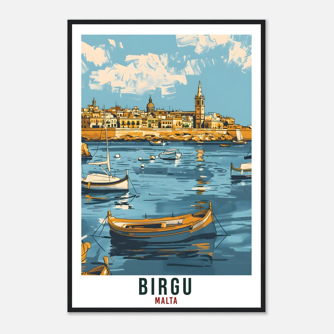 Birgu Malta Harbor Boats Old Town Waterfront Vintage Travel Poster - Image 4