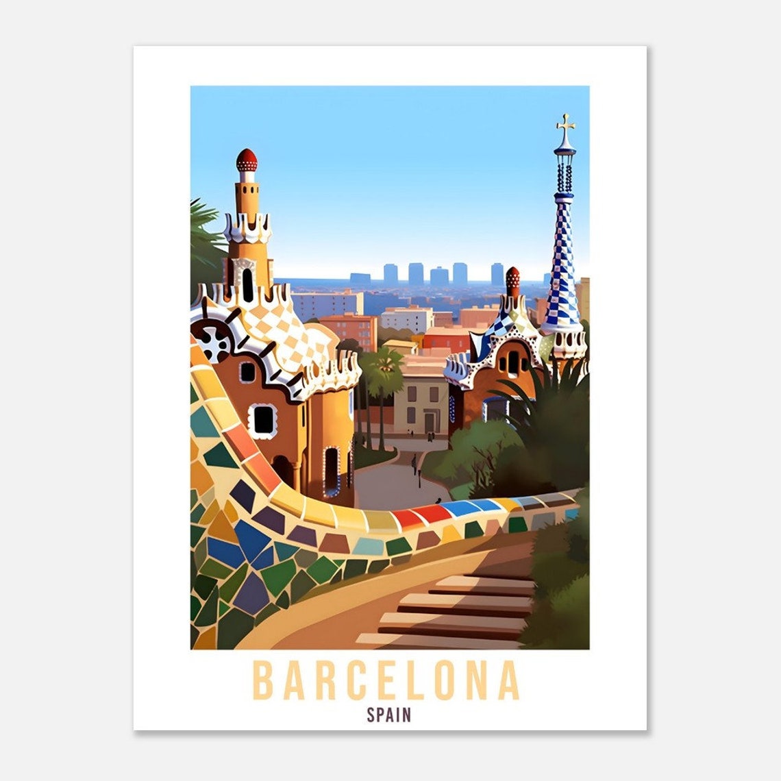 Barcelona Spain Park Guell Mosaic Terrace View Travel Poster - Image 4