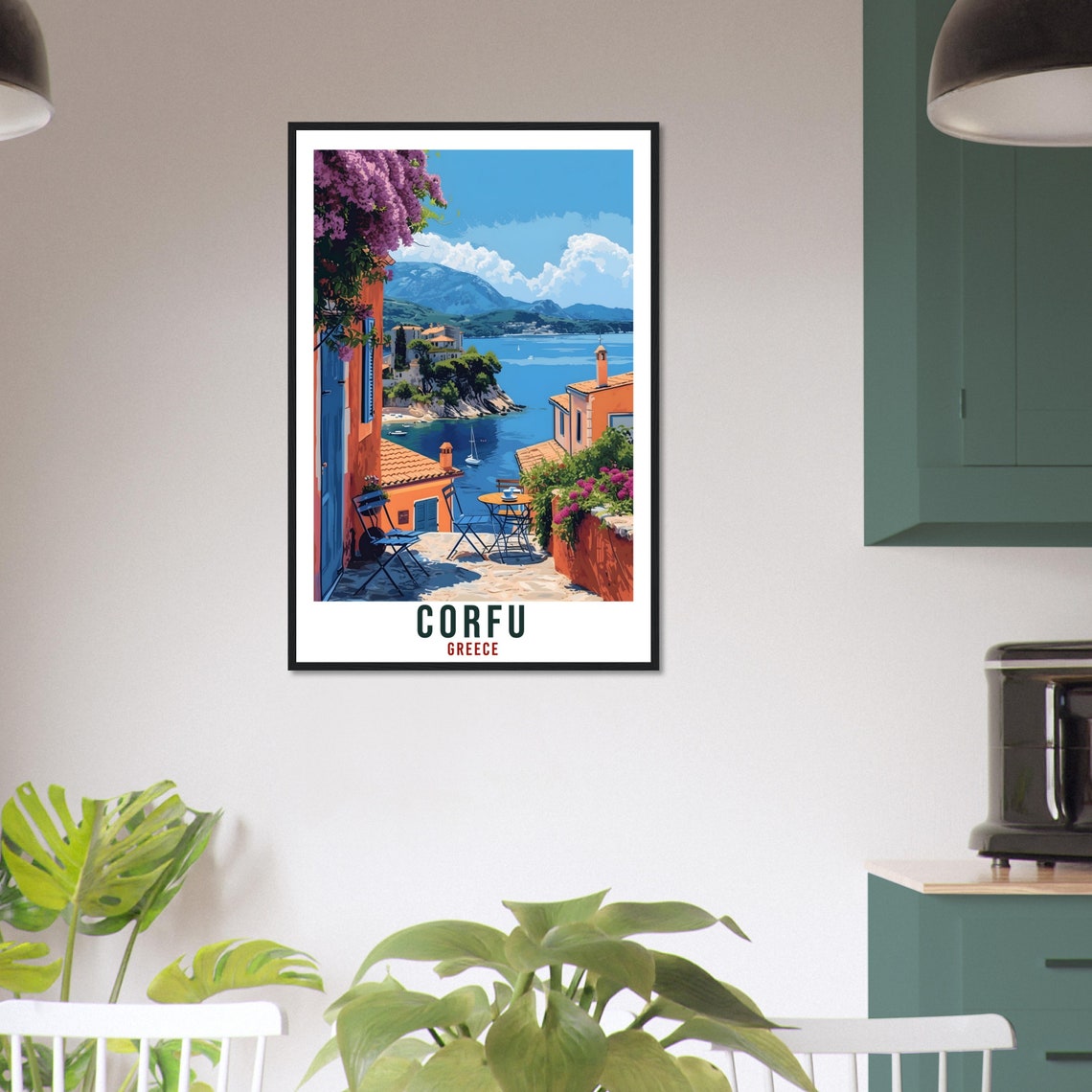 Corfu Greece Seaside Cafe Terrace with Bougainvillea Travel Poster - Image 2