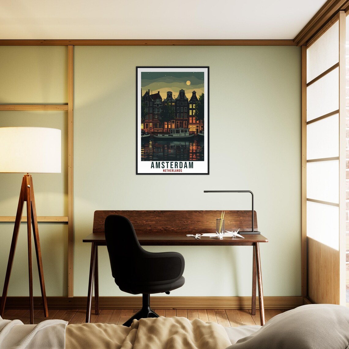 Amsterdam Netherlands Canal Houses at Dusk Moonlit Water Travel Poster - Image 2