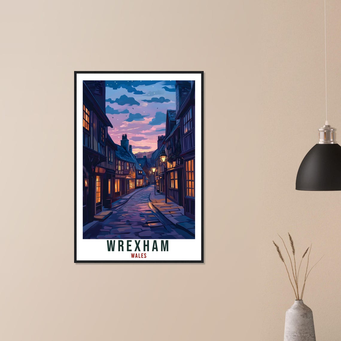 Wrexham Wales Old Town Dusk Cobbled Street Lantern Light Poster - Image 3