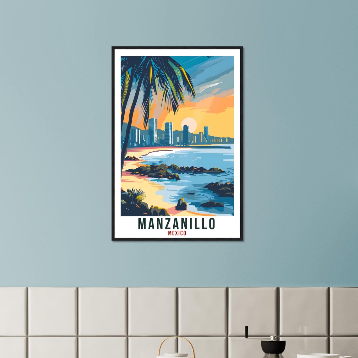 Manzanillo Mexico Pacific City Skyline Beach Rocks Sunset Palms Poster - Image 2