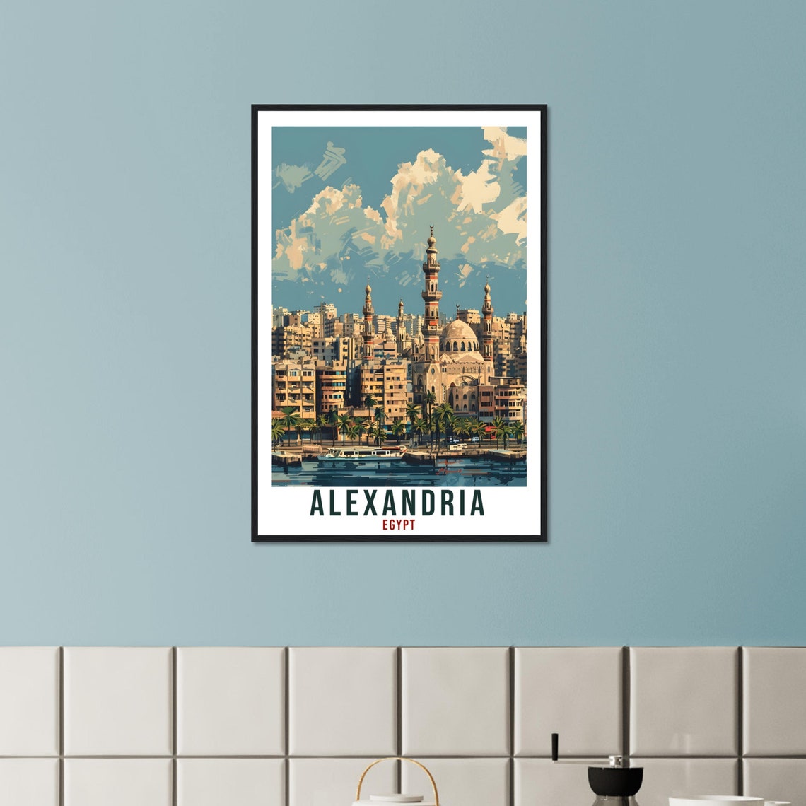 Alexandria Egypt Waterfront Mosque Skyline Vintage Style Poster - Image 3