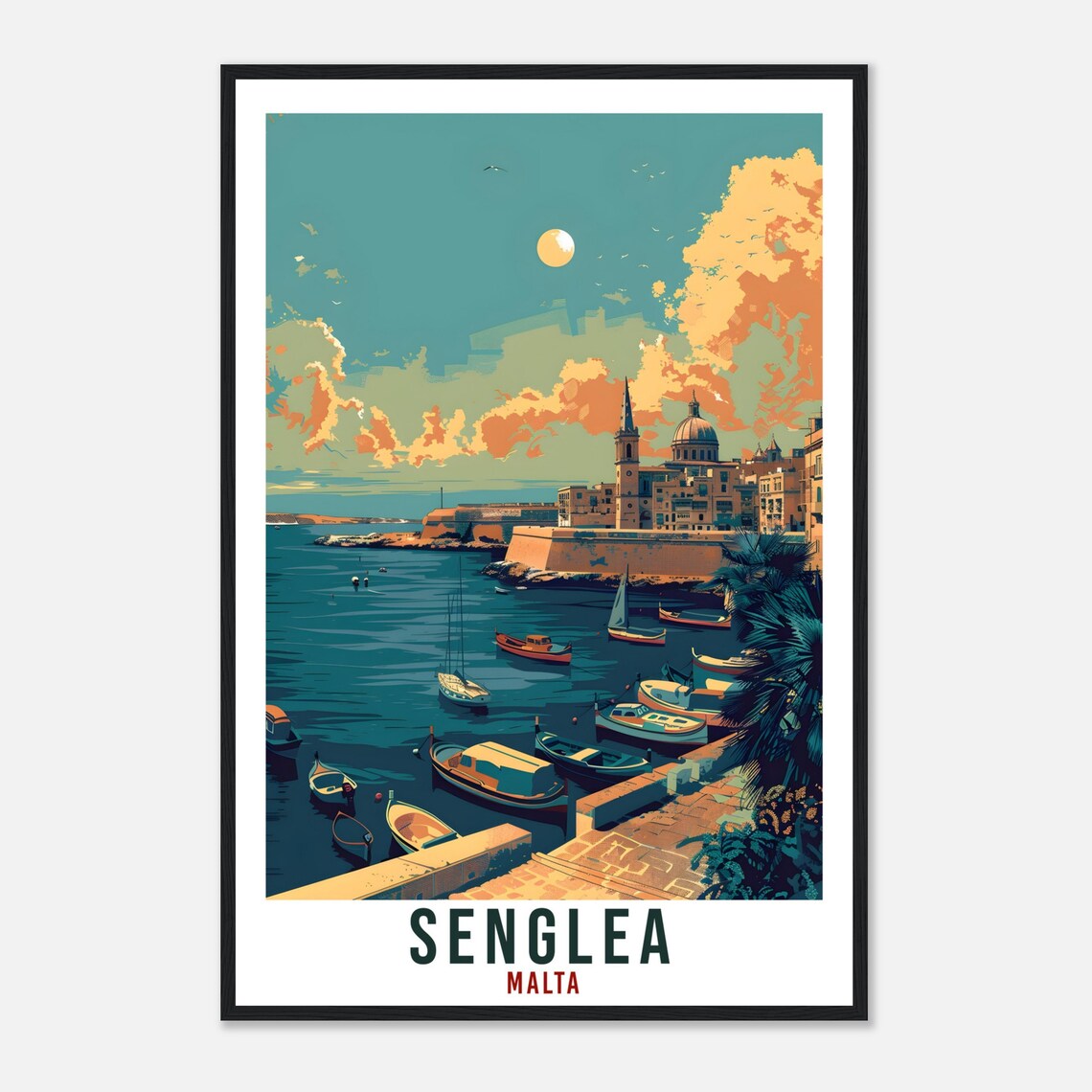 Senglea Malta Old Waterfront Boats Church Retro Travel Poster - Image 4