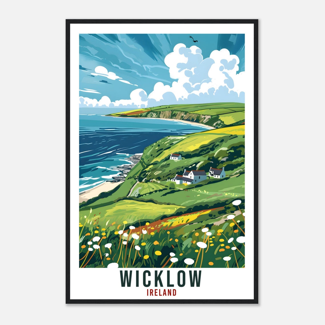 Wicklow Ireland Green Coastal Cliffs Meadow Vintage Travel Poster - Image 4