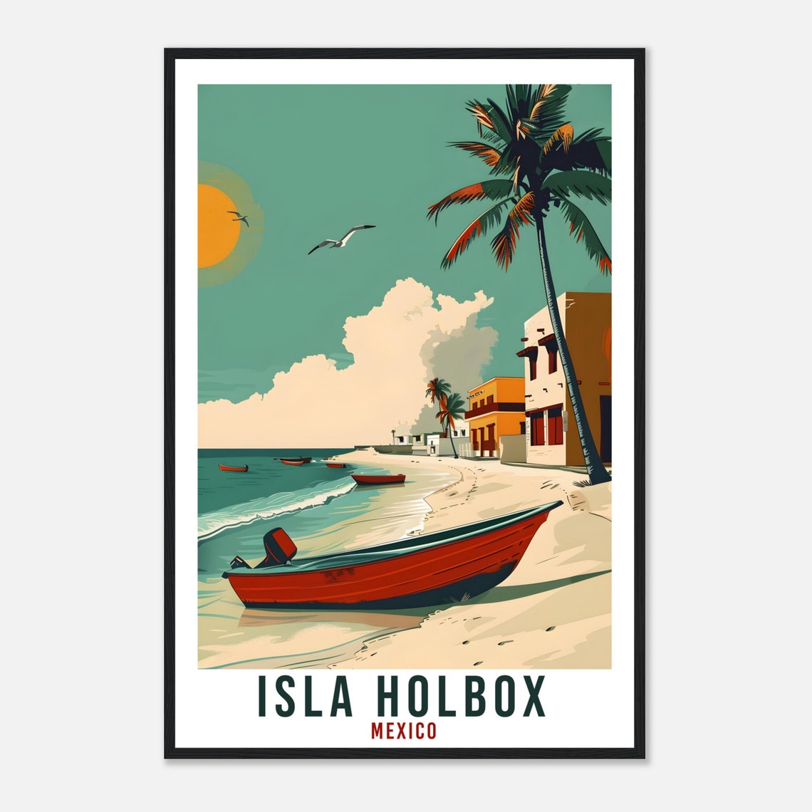 Isla Holbox Mexico Sandy Beach Fishing Boats Palm Shore Sunset Scene Poster - Image 4