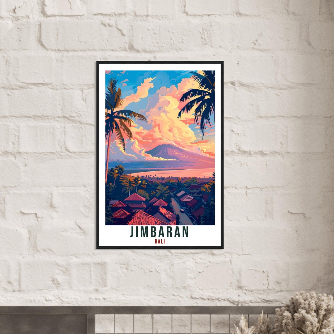 Jimbaran Bali Volcano Sunset Bay Illustrated Vintage Travel Poster - Image 3
