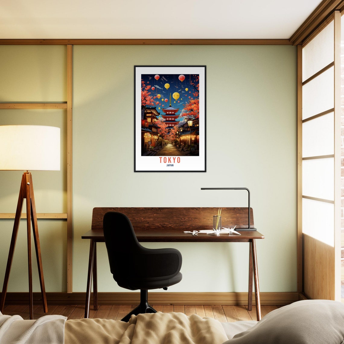 Tokyo Japan Pagoda Night Lanterns Cherry Blossom Travel Poster - Image 2
