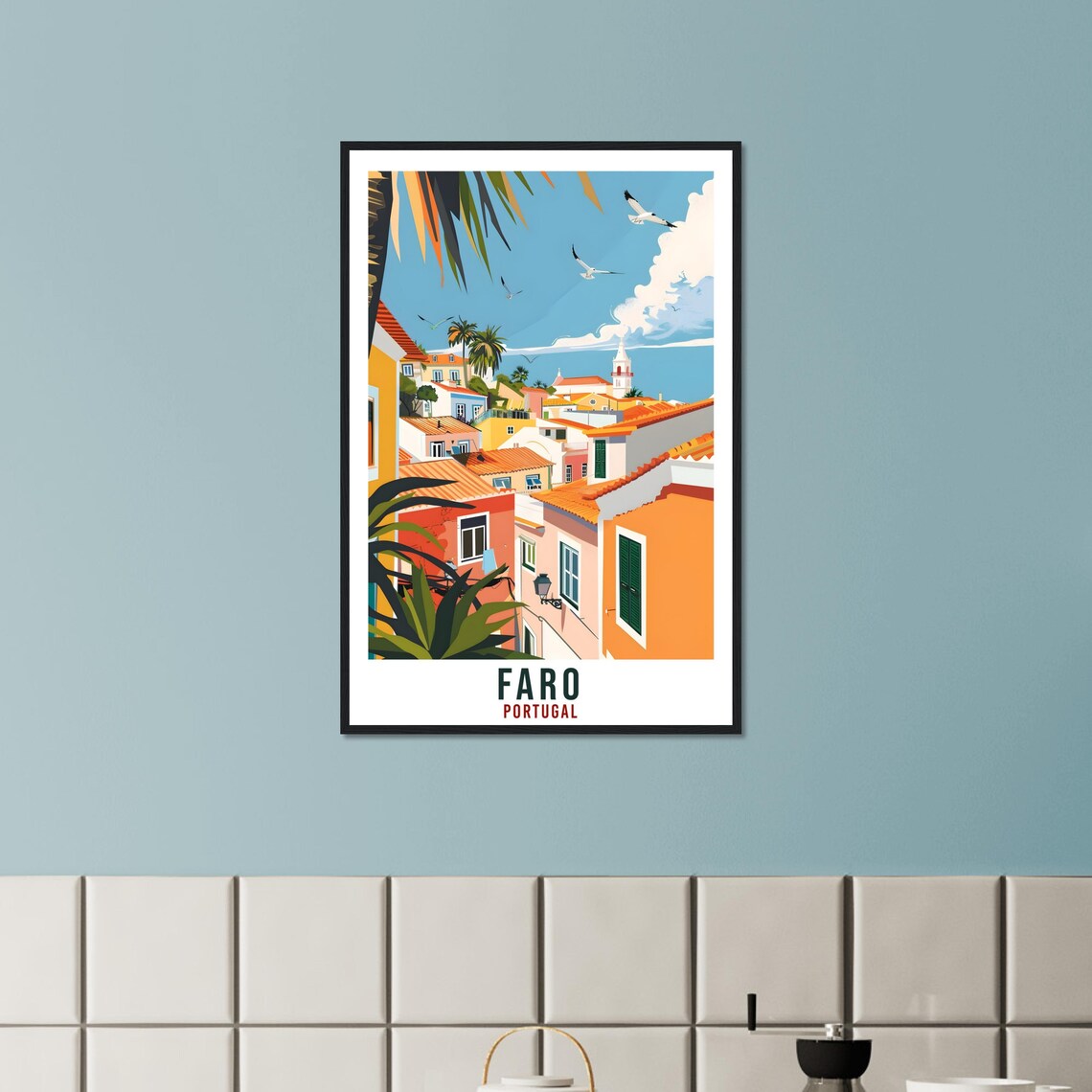 Faro Portugal Colorful Old Town Rooftops Seagulls Travel Poster - Image 2