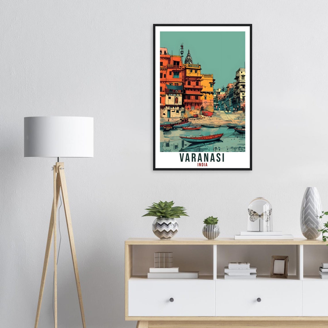 Varanasi India Riverside Ghats Boats Colorful Buildings Travel Poster - Image 3