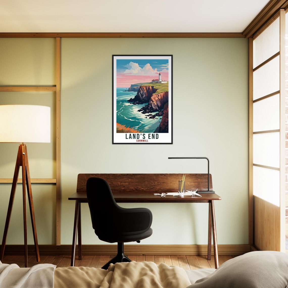 Lands End Cornwall Sea Cliffs Lighthouse Sunset Coastal Poster - Image 2