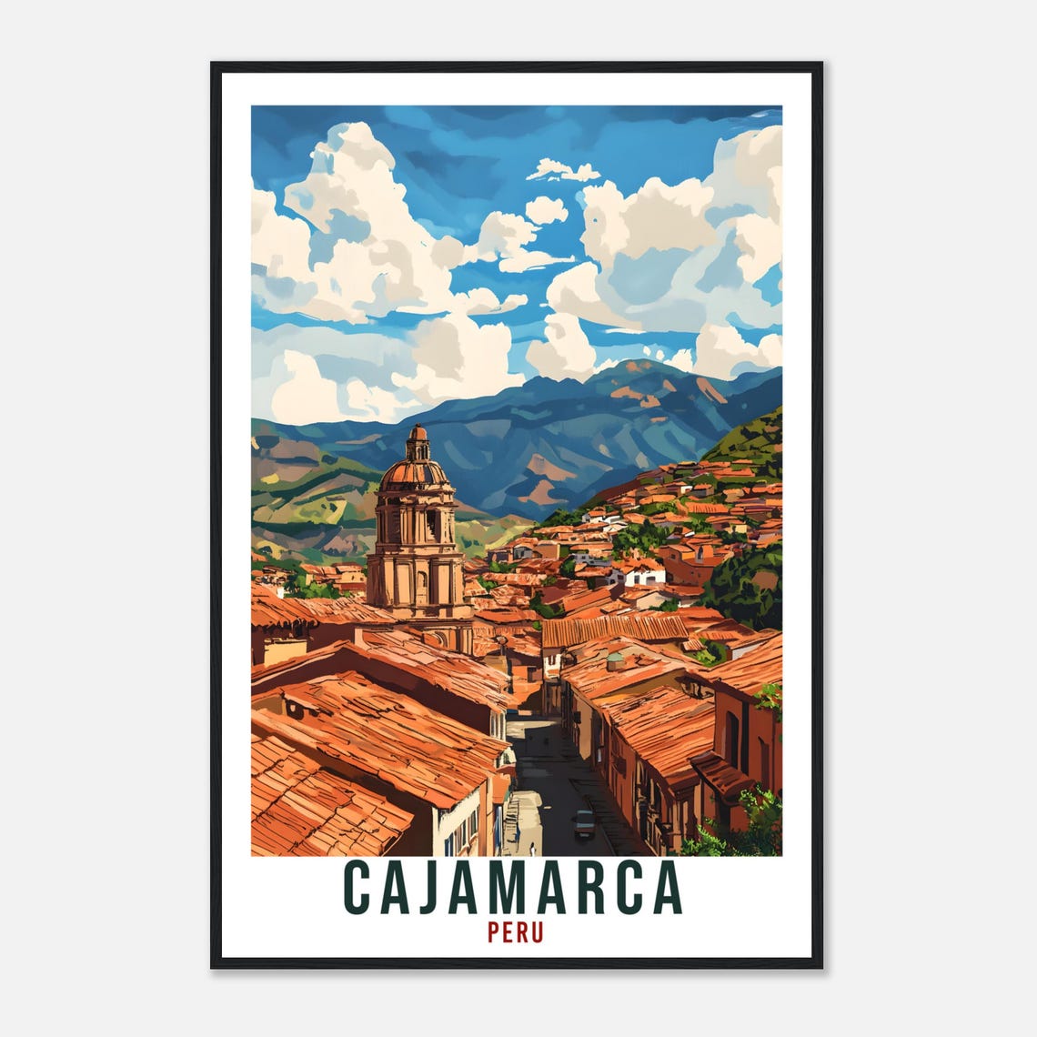 Cajamarca Peru Cathedral Rooftops Mountain Vista Travel Art Poster - Image 4