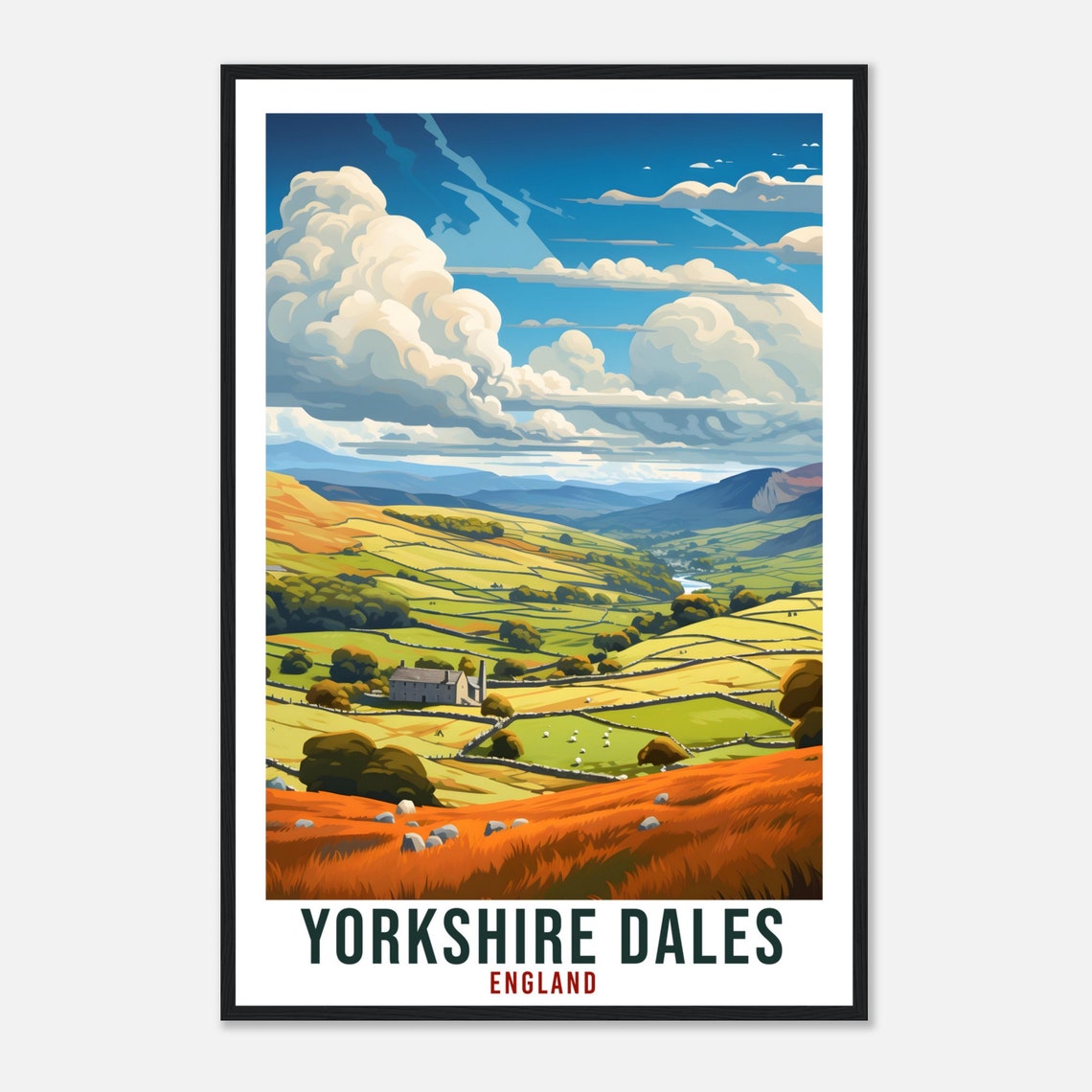 Yorkshire Dales England Rolling Hills Stone Walls Farm Travel Poster - Image 4