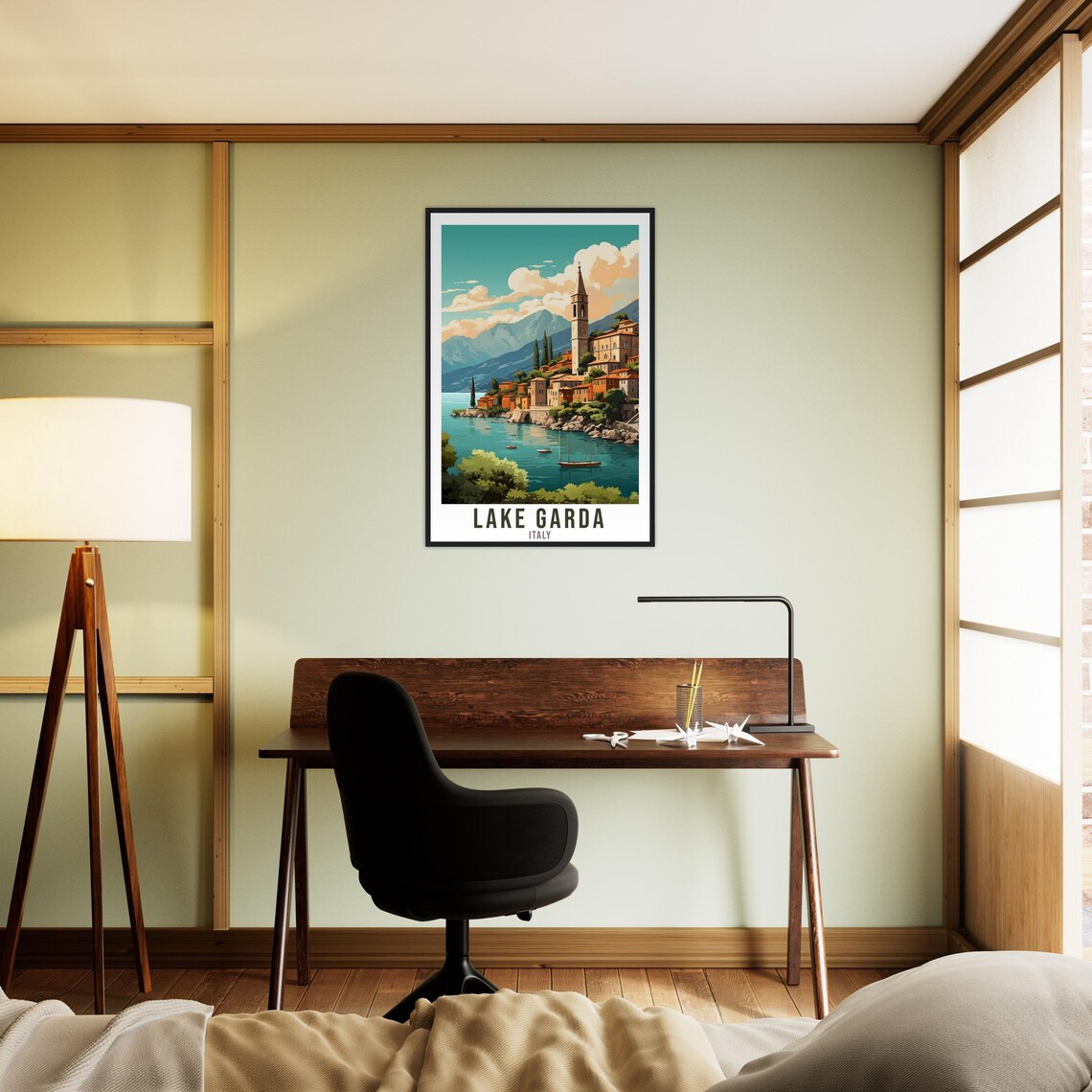 Lake Garda Italy Lakeside Village Bell Tower Boats Travel Poster - Image 2