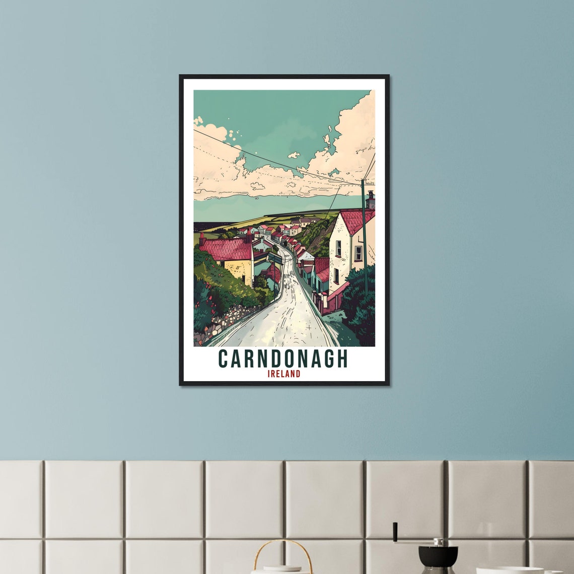 Carndonagh Winding Hill Road Village Red Roofs Ireland Travel Poster - Image 3
