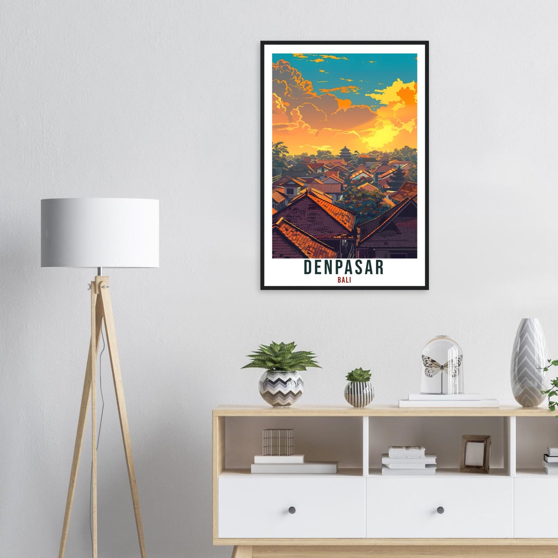 Denpasar Bali Rooftops Golden Sunset Pagoda Illustrated Art Poster - Image 3