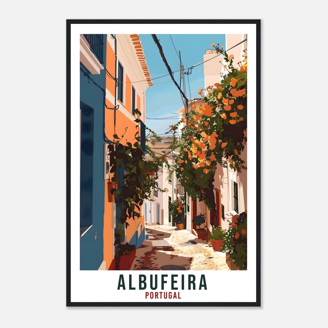 Albufeira Portugal Sunlit Flower Street Old Town Travel Poster - Image 4