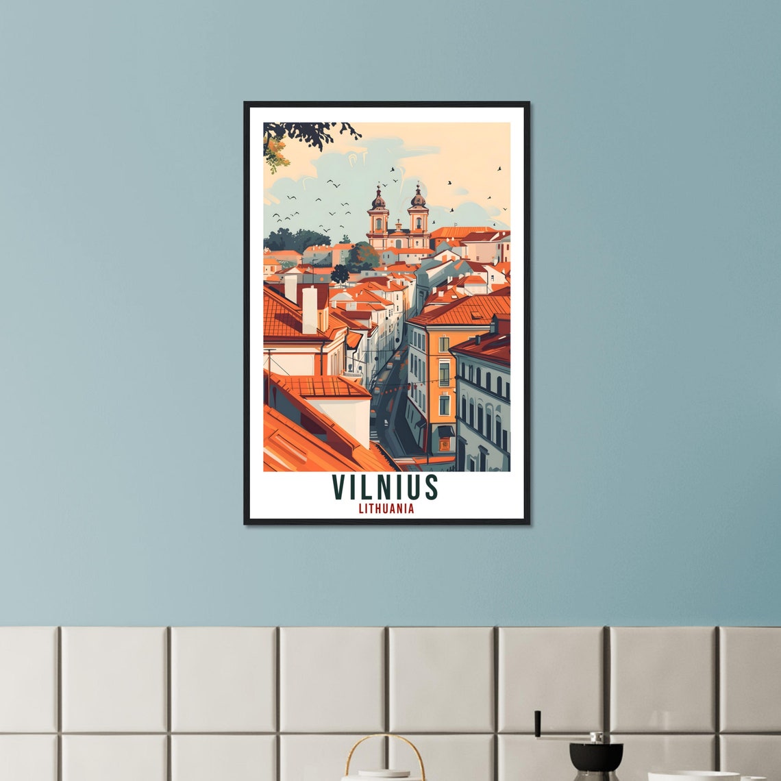 Vilnius Lithuania Old Town Rooftops Twin Towers Vintage Travel Poster - Image 3