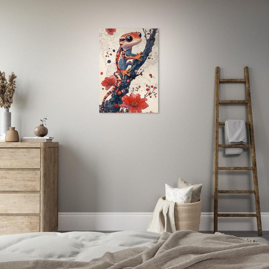 Vibrant Colorful Gecko Climbing A Branch With Red Blossoms Poster - Image 2
