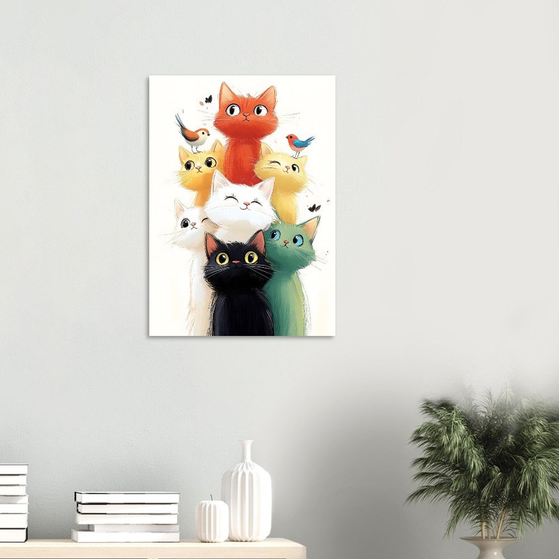 Stack Of Cute Colorful Cats With Birds Playful Nursery Decor Poster