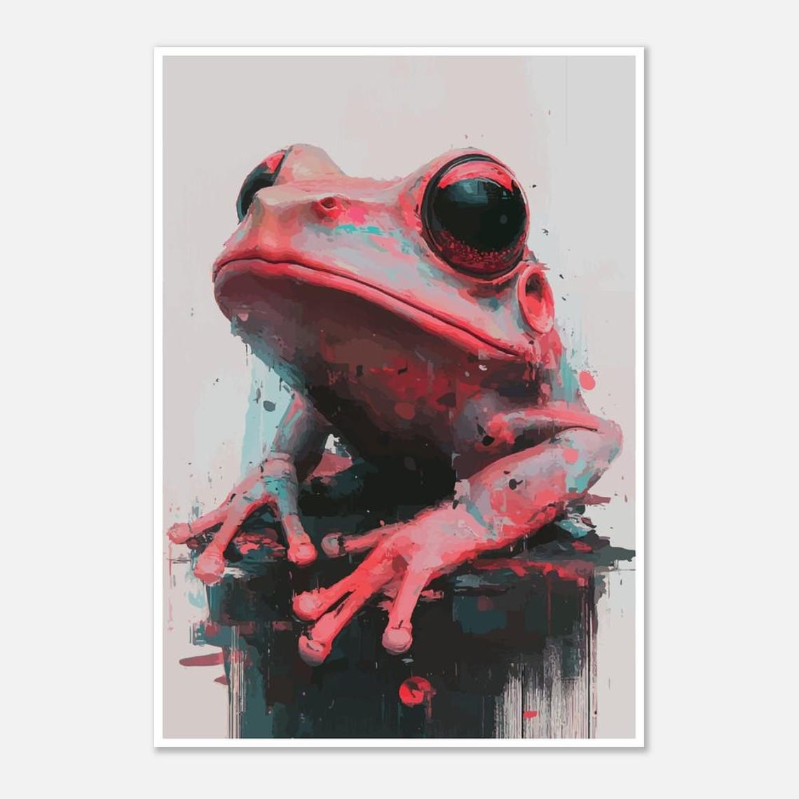 Neon Pink Frog Close Up With Teal Paint Splash Artwork Poster - Image 2