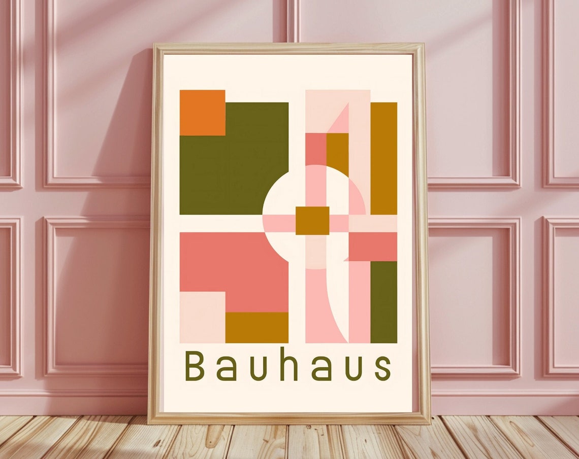 Bauhaus Geometric Shapes Pink Green Mid Century Modern Poster