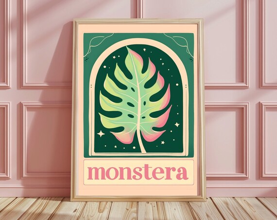 Boho Pink Green Monstera Wall Art Retro Botanical Wall Art Home Decor Cottage Core Plant Lover Gift For Her