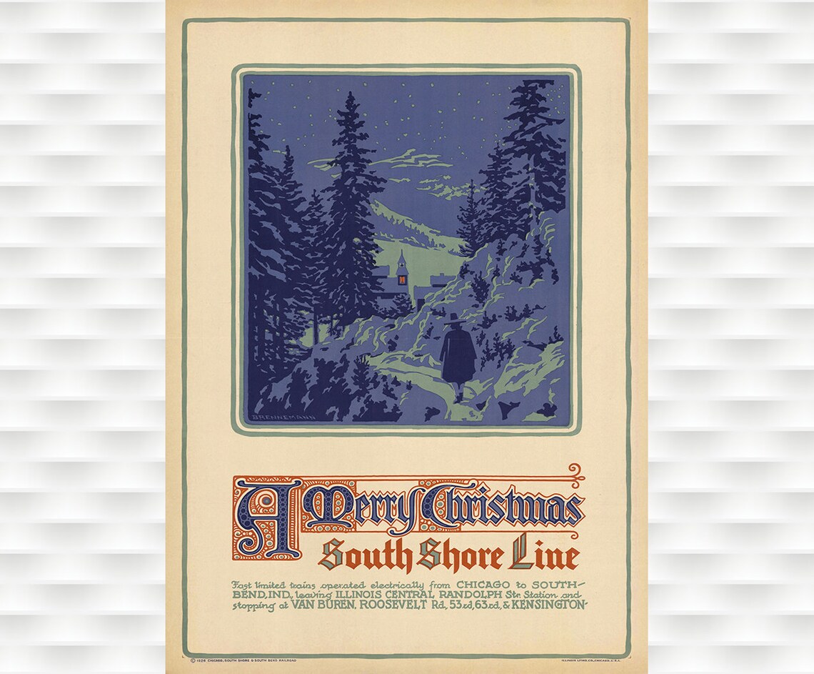 A Merry Christmas South Shore Line Vintage Railway Snow Church Poster