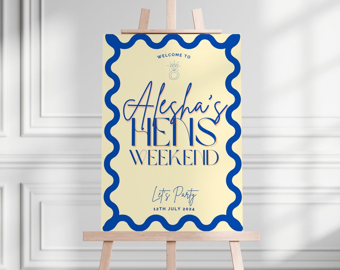 Hens Weekend Personalized Welcome Sign Blue Wavy Party Poster