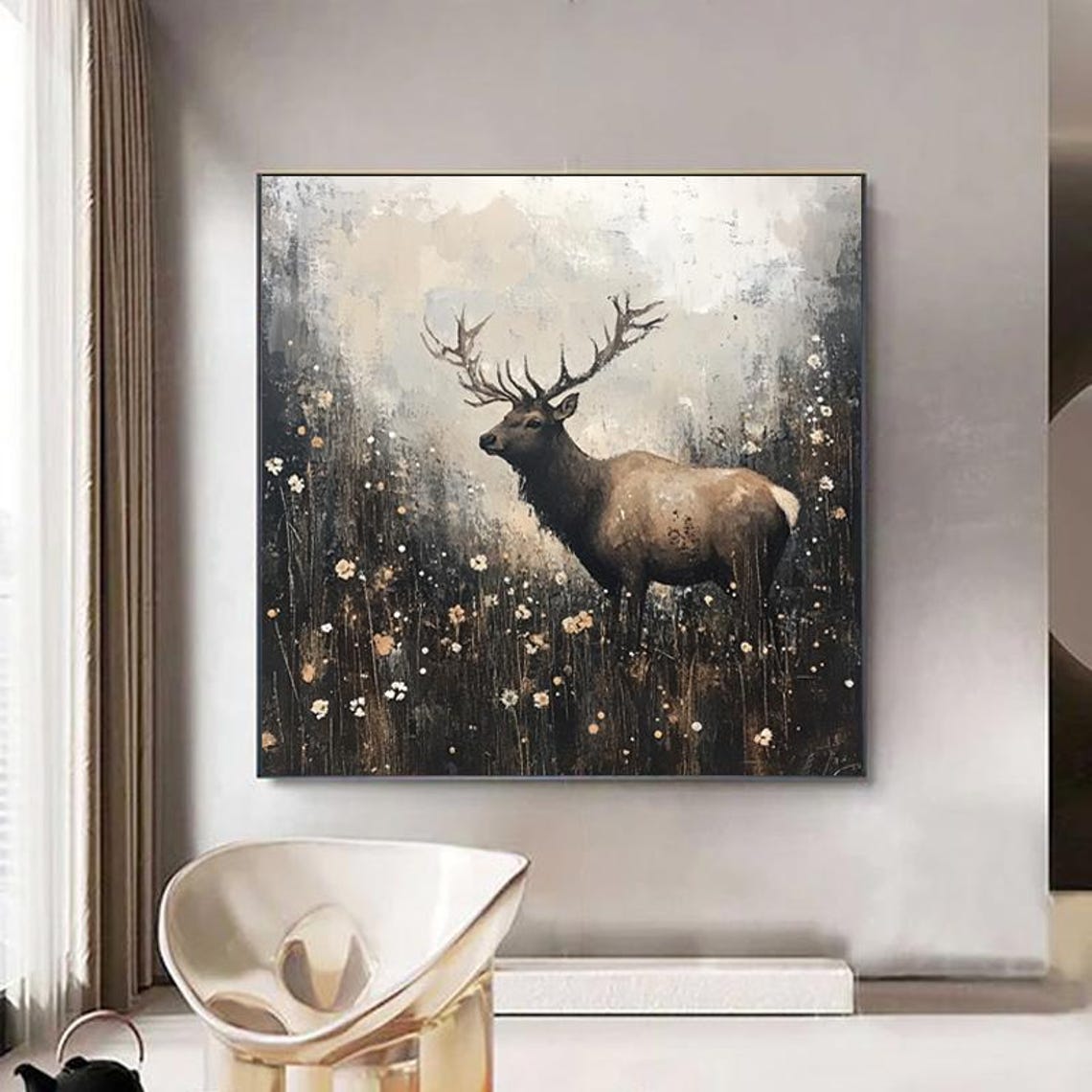 Majestic Elk Standing in a Moody Dark Wildflower Meadow Poster
