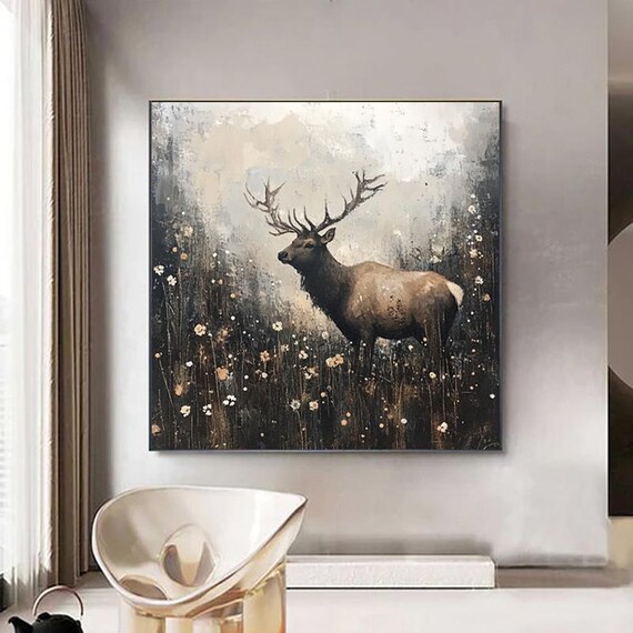 Majestic Elk Standing in a Moody Dark Wildflower Meadow Poster