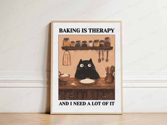 Baking Is Therapy Funny Black Cat Kitchen Quote Illustration Poster