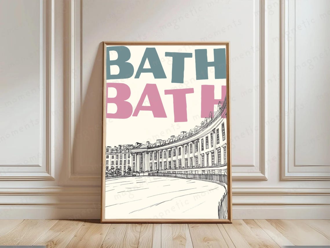 Bath England Royal Crescent Retro Typography Travel Art Poster