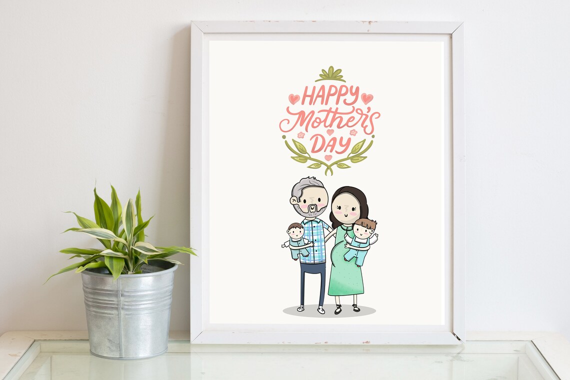 Happy Mothers Day Cartoon Family of Four Portrait Art Poster