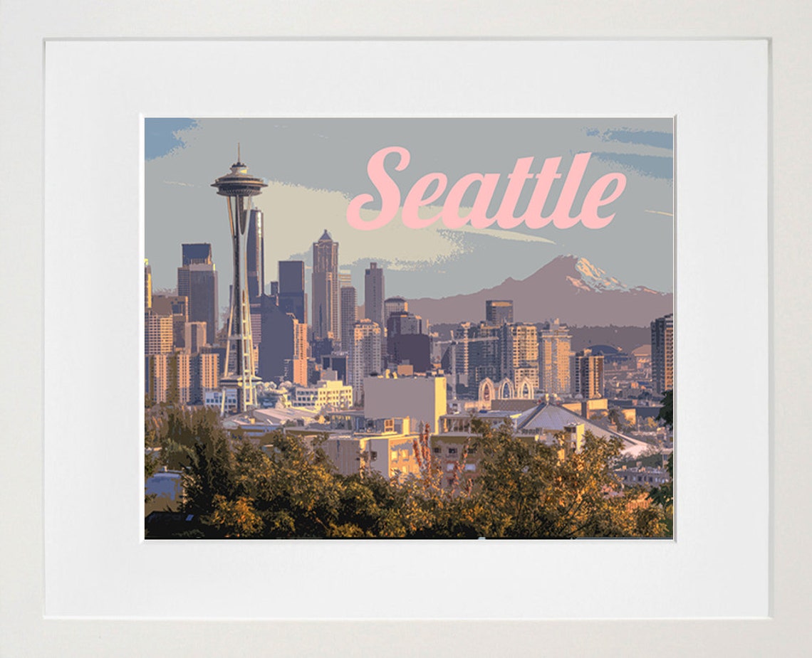 Seattle Space Needle Mount Rainier Skyline Vintage Travel Poster