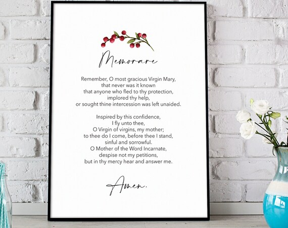 Memorare Prayer Virgin Mary Catholic Berry Sprig Quote Poster