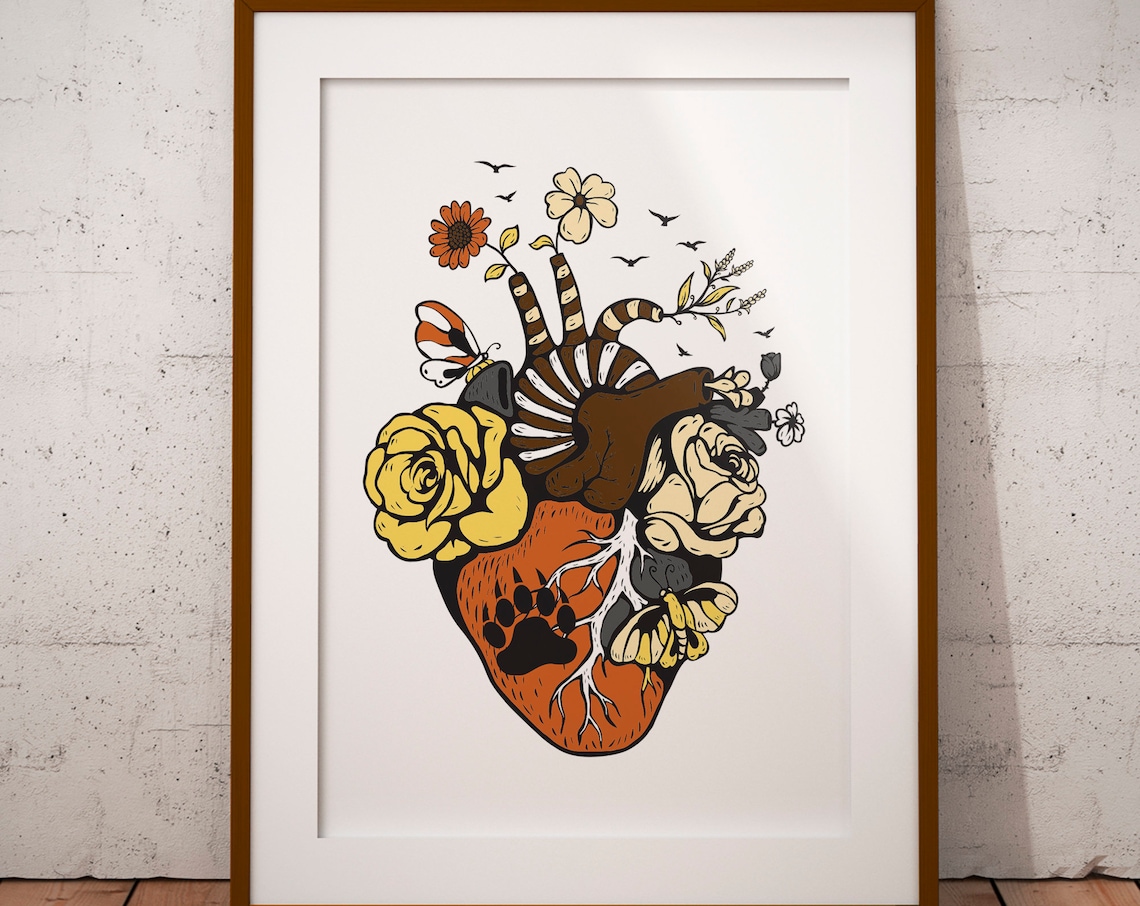 Bear Pride Anatomical Heart Bear Paw Flowers LGBTQ Art Print Poster