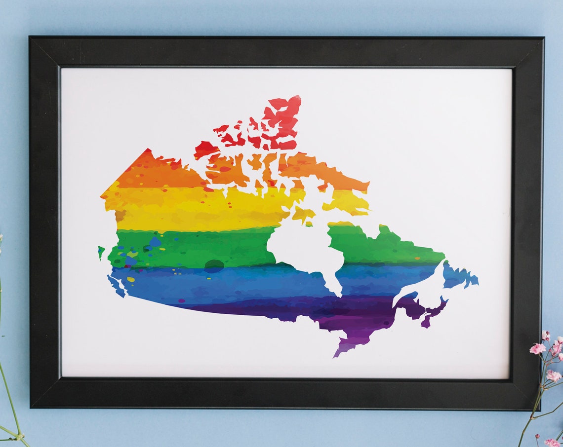 Canada Rainbow Pride Flag Map Silhouette LGBTQ Watercolor Poster