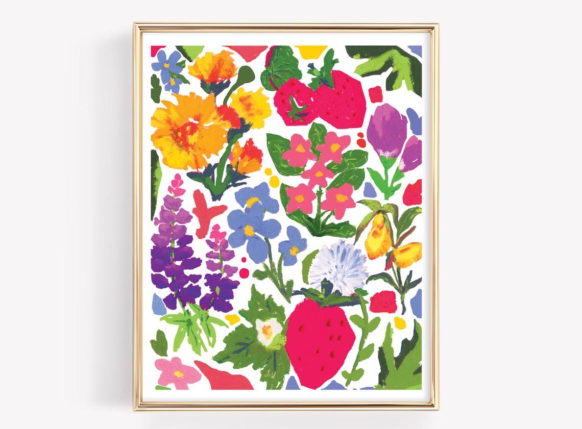 Bright Colorful Wildflower Bouquet Gouache Botanical Art Wall Print