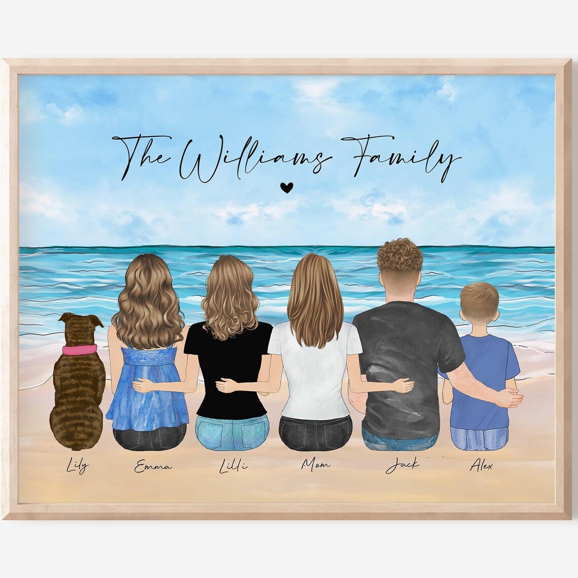 The Williams Family Beach Portrait With Dog Watercolor Gift Poster
