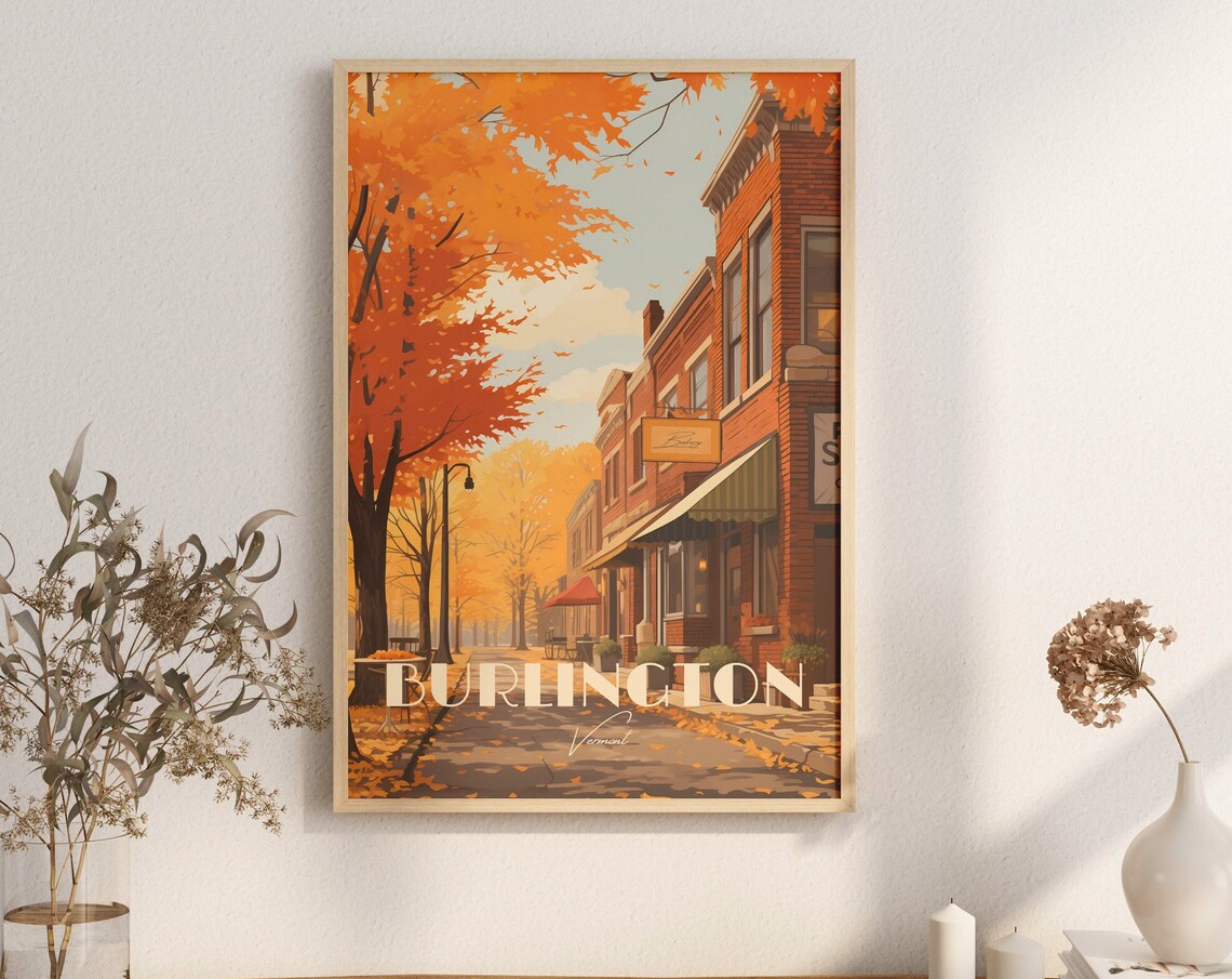Print Burlington Poster Vermont Paved Street Restaurant Bar Champlain Lake Church Art Downtown Maple Leaf Fall