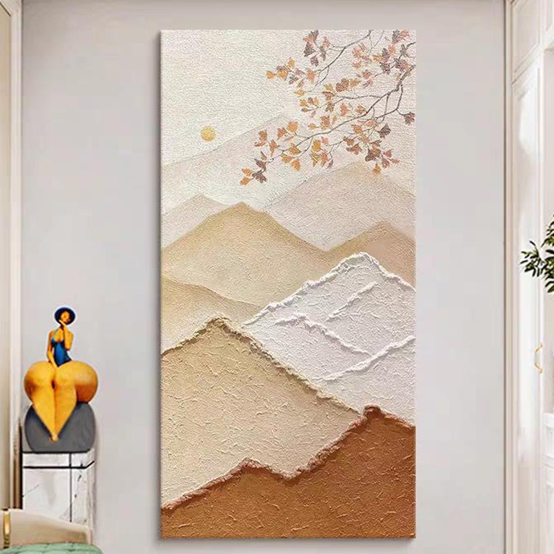Tan Mountains Autumn Leaves Branch Textured Landscape Poster